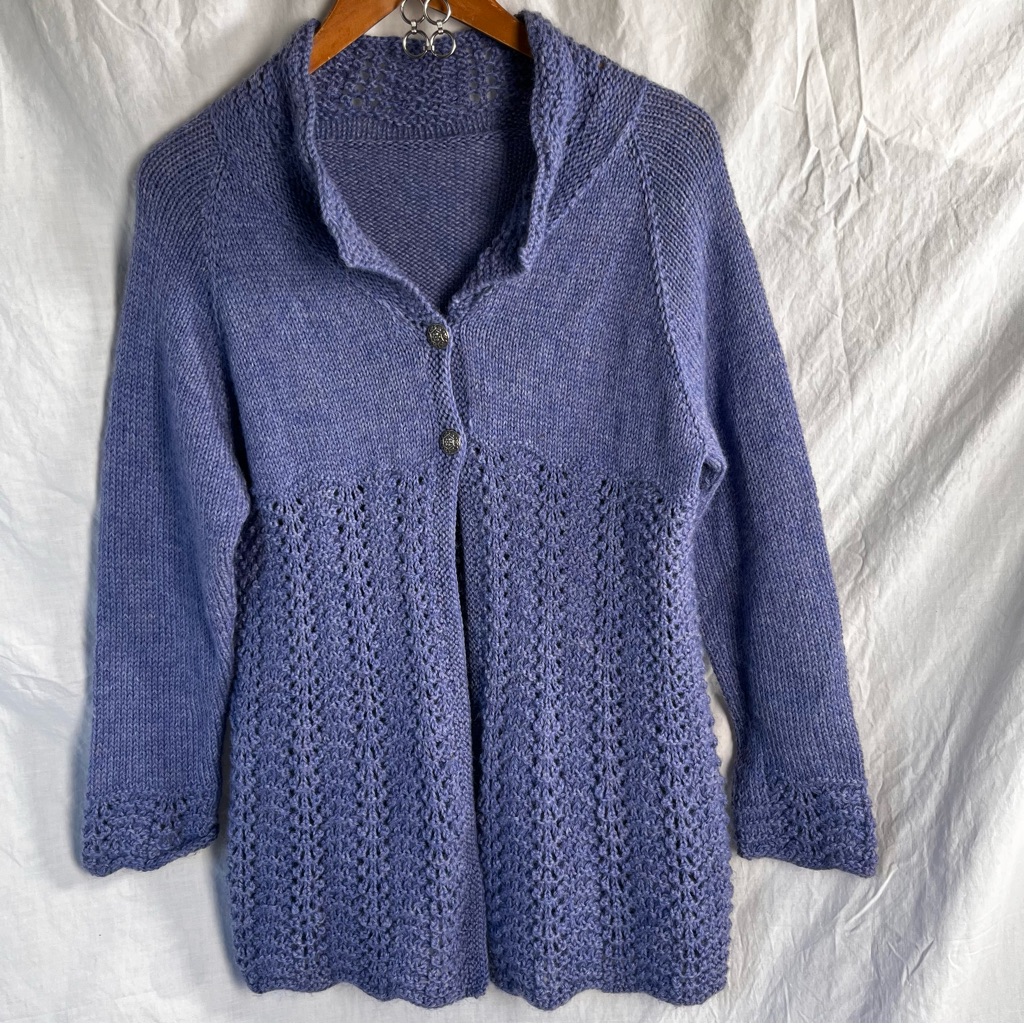 Long Knit Purple Cardigan Sweater Wool Or Wool Blend Two Button Tunic Top Aran